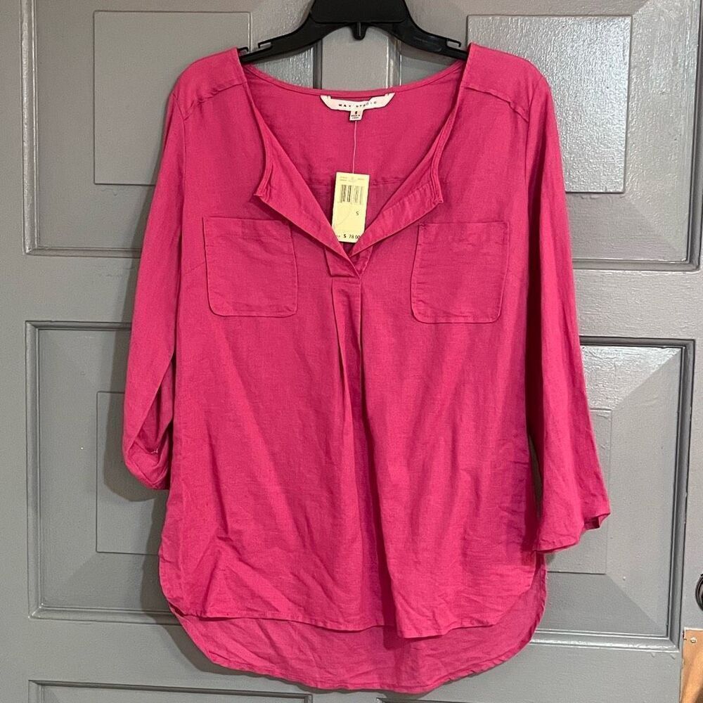 Max Studio Dead Stock Linen Cotton Blend Roll Sleeve Pull On Pink Blouse Sz S NW